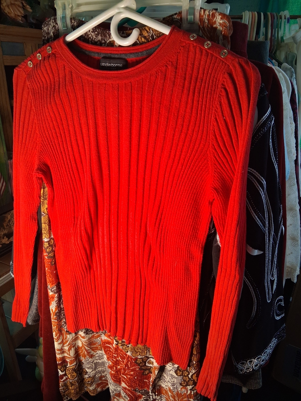 Liz Claiborne Bright Red Ribbed Crewneck Sweater with Shoulder Buttons